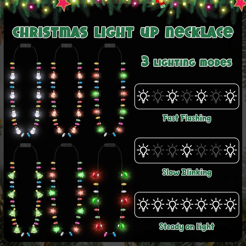 Traplace Store 12 Pack Christmas Necklace Lights, 6 Styles LED Glowing Bulbs Christmas Lights Necklace with 3 Modes, Light Up Xmas Favors, Fun Xmas Party Supplies for Ugly Sweater New Year Eve Accessories - Image 3